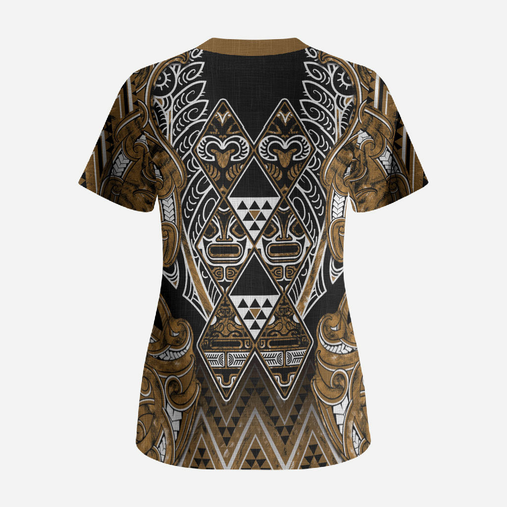 Aotearoa Kati Mamoe Scrub Top Maori Brown Tribal Paua Shell Pattern