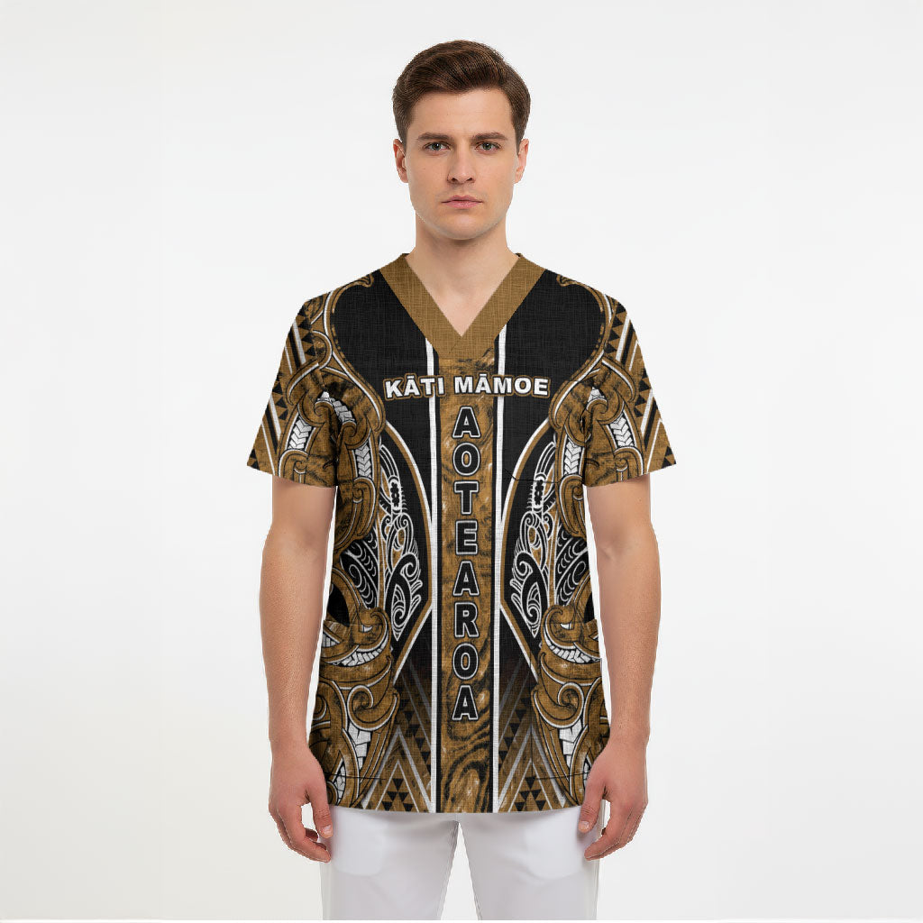 Aotearoa Kati Mamoe Scrub Top Maori Brown Tribal Paua Shell Pattern