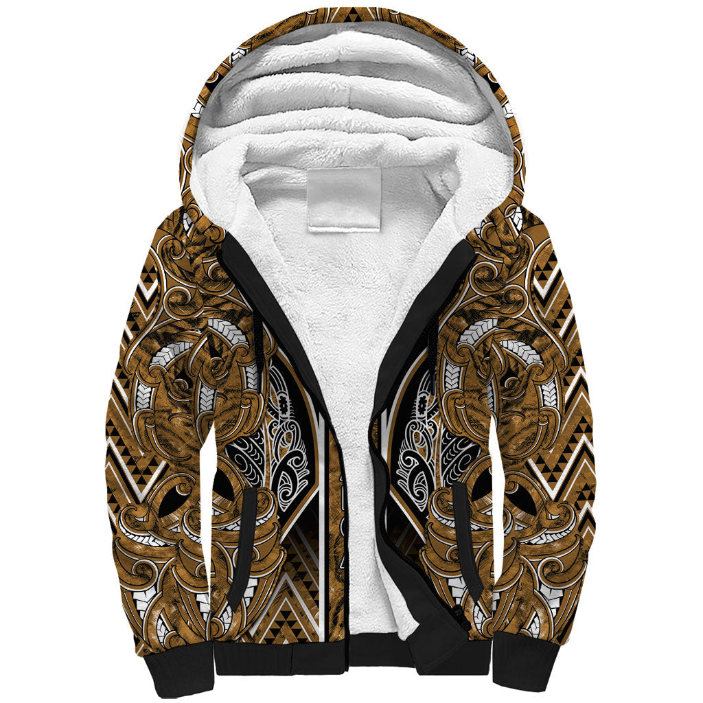 Aotearoa Kati Mamoe Sherpa Hoodie Maori Brown Tribal Paua Shell Pattern