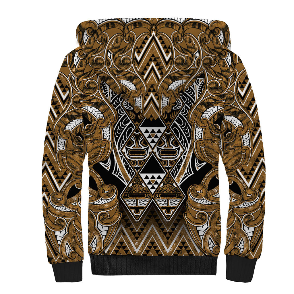 Aotearoa Kati Mamoe Sherpa Hoodie Maori Brown Tribal Paua Shell Pattern