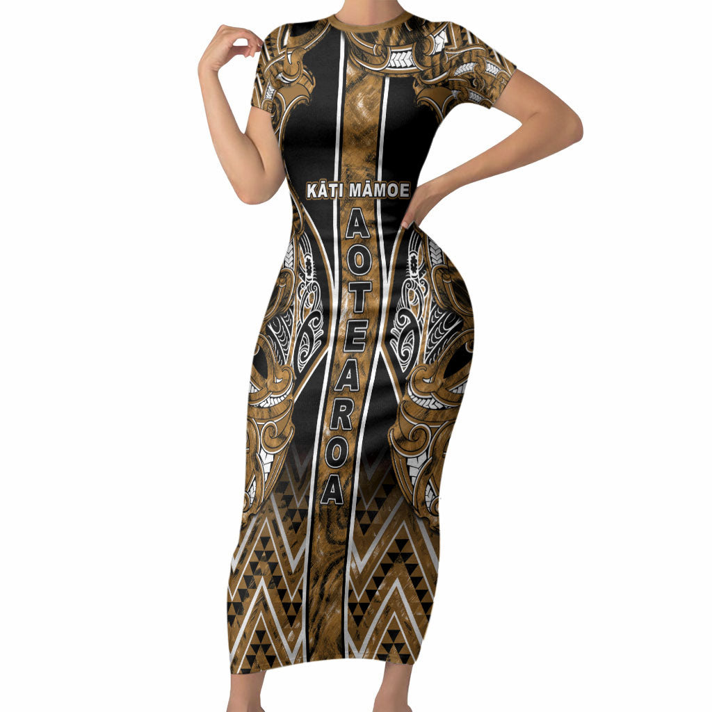 Aotearoa Kati Mamoe Short Sleeve Bodycon Dress Maori Brown Tribal Paua Shell Pattern