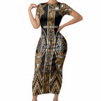Aotearoa Kati Mamoe Short Sleeve Bodycon Dress Maori Brown Tribal Paua Shell Pattern