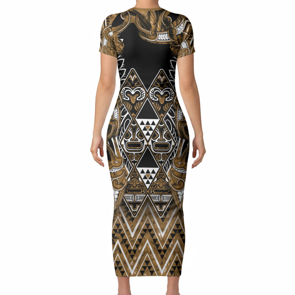 Aotearoa Kati Mamoe Short Sleeve Bodycon Dress Maori Brown Tribal Paua Shell Pattern