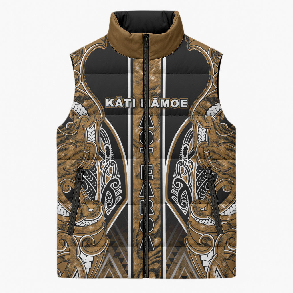 Aotearoa Kati Mamoe Sleeveless Puffer Jacket Maori Brown Tribal Paua Shell Pattern