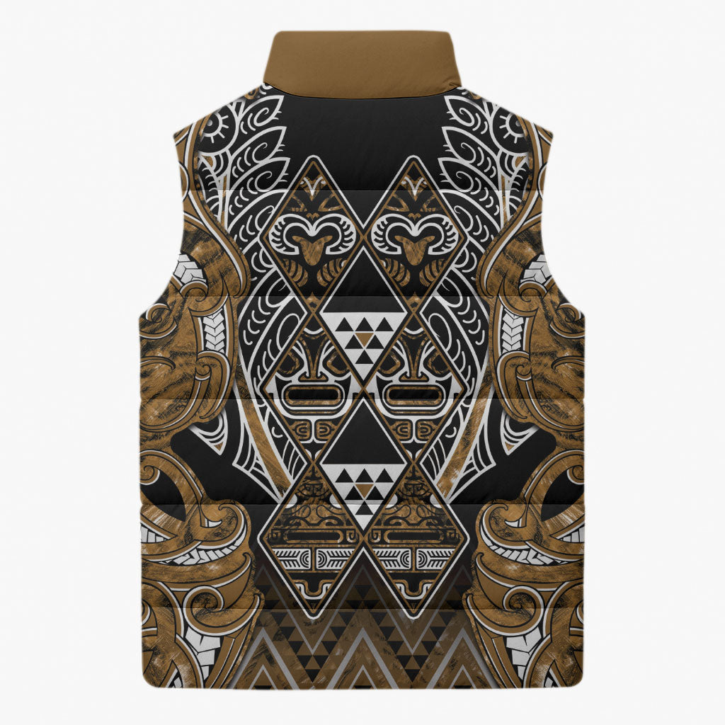 Aotearoa Kati Mamoe Sleeveless Puffer Jacket Maori Brown Tribal Paua Shell Pattern