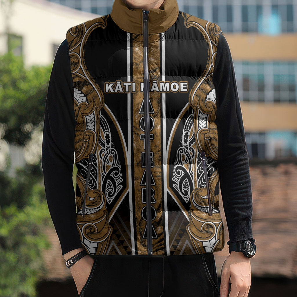Aotearoa Kati Mamoe Sleeveless Puffer Jacket Maori Brown Tribal Paua Shell Pattern