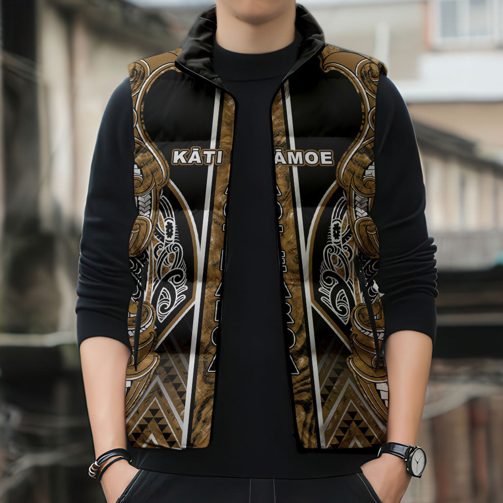 Aotearoa Kati Mamoe Sleeveless Puffer Jacket Maori Brown Tribal Paua Shell Pattern