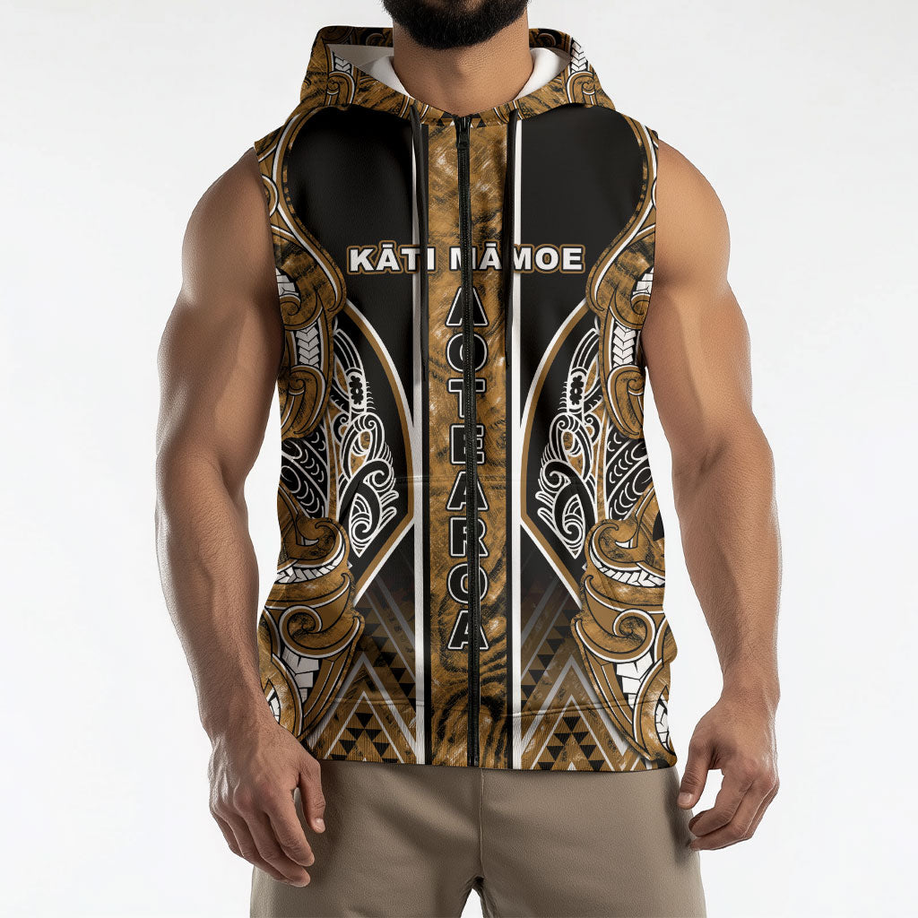 Aotearoa Kati Mamoe Sleeveless Zip Hoodie Maori Brown Tribal Paua Shell Pattern