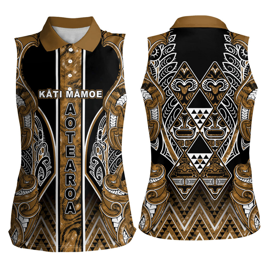 Aotearoa Kati Mamoe Women Sleeveless Polo Shirt Maori Brown Tribal Paua Shell Pattern