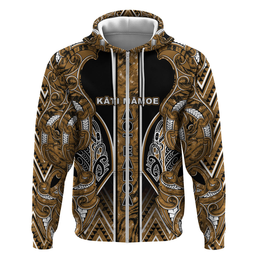 Aotearoa Kati Mamoe Zip Hoodie Maori Brown Tribal Paua Shell Pattern
