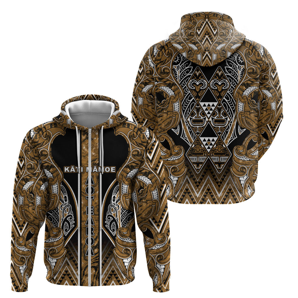 Aotearoa Kati Mamoe Zip Hoodie Maori Brown Tribal Paua Shell Pattern