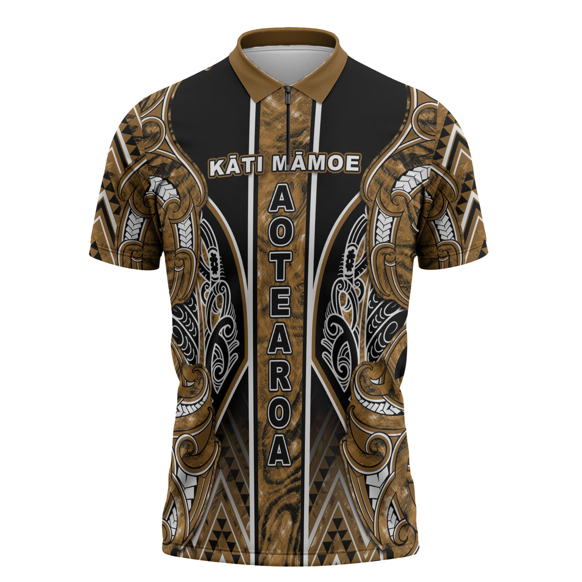 Aotearoa Kati Mamoe Zipper Polo Shirt Maori Brown Tribal Paua Shell Pattern