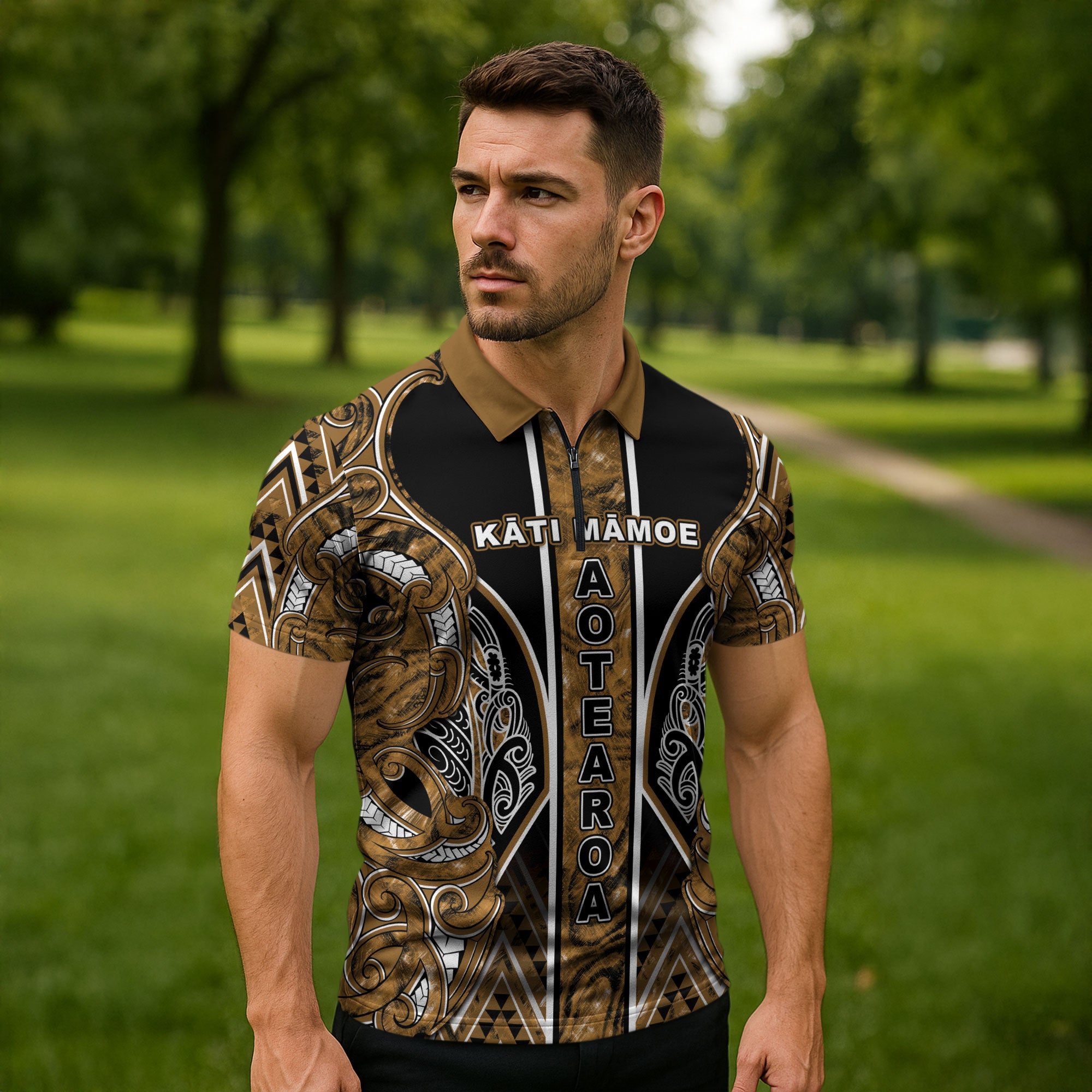 Aotearoa Kati Mamoe Zipper Polo Shirt Maori Brown Tribal Paua Shell Pattern