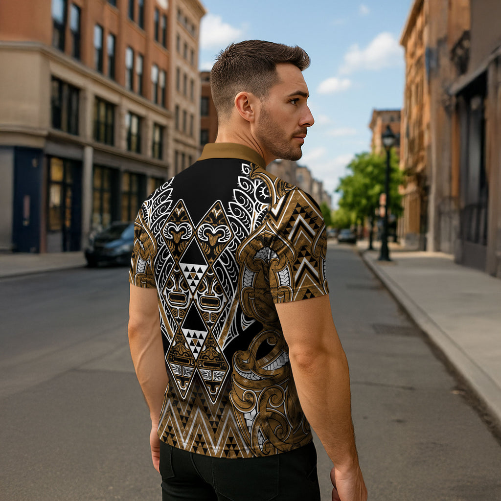Aotearoa Kati Mamoe Zipper Polo Shirt Maori Brown Tribal Paua Shell Pattern