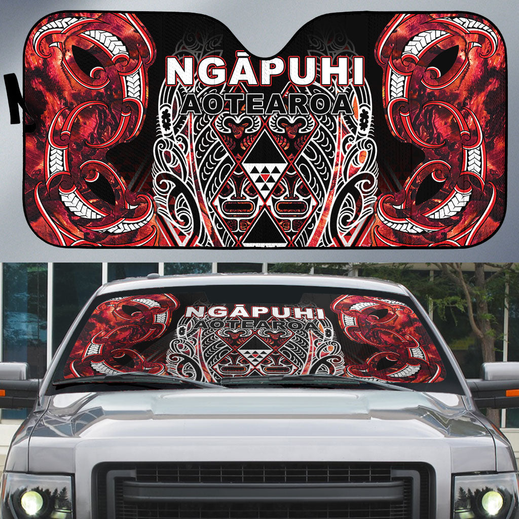 Aotearoa Ngapuhi Auto Sun Shade Maori Red Tribal Paua Shell Pattern