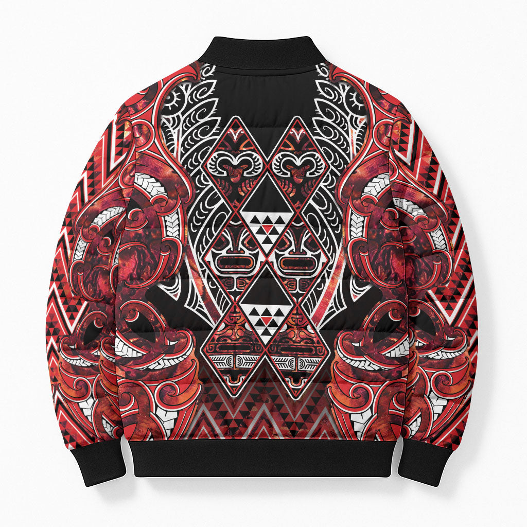 Aotearoa Ngapuhi Bomber Puffer Jacket Maori Red Tribal Paua Shell Pattern