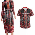 Aotearoa Ngapuhi Couples Matching Long Sleeve Bodycon Dress and Hawaiian Shirt Maori Red Tribal Paua Shell Pattern