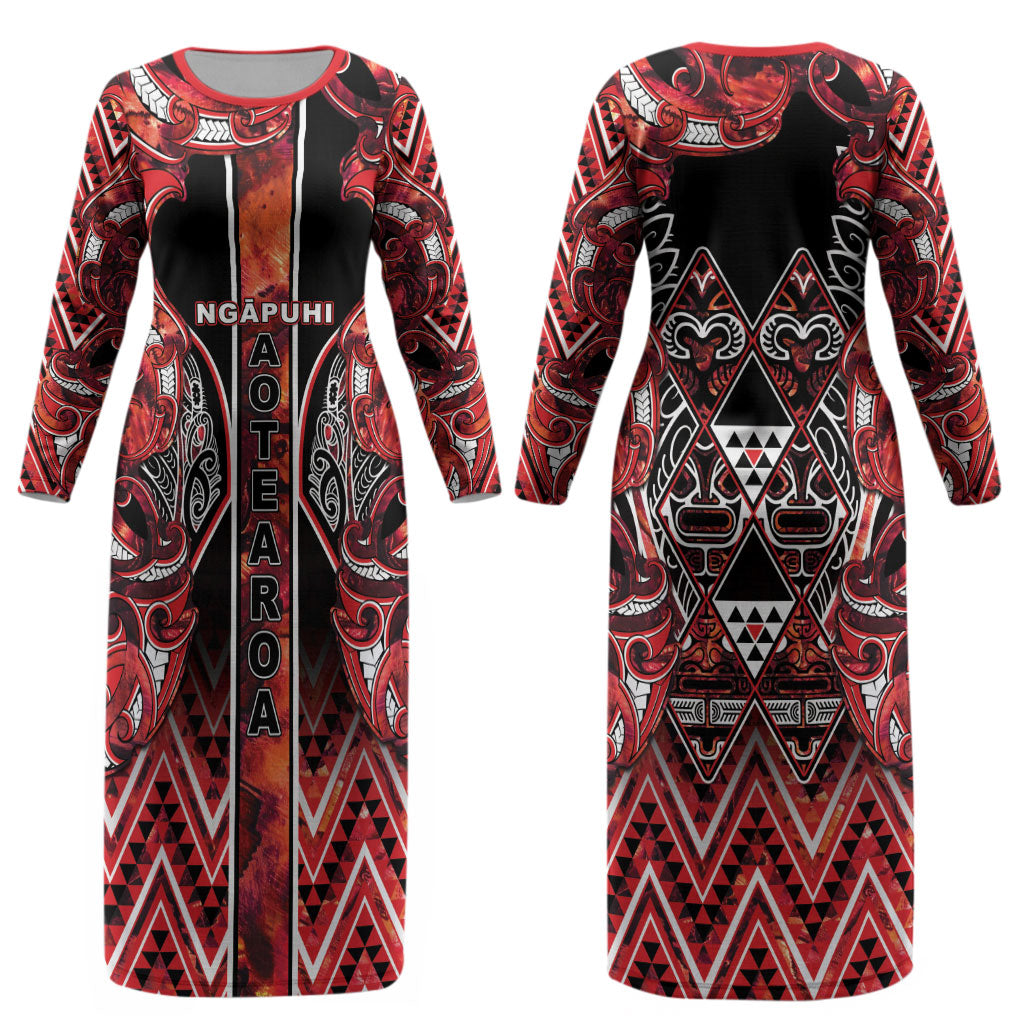 Aotearoa Ngapuhi Couples Matching Long Sleeve Bodycon Dress and Hawaiian Shirt Maori Red Tribal Paua Shell Pattern