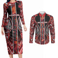 Aotearoa Ngapuhi Couples Matching Long Sleeve Bodycon Dress and Long Sleeve Button Shirt Maori Red Tribal Paua Shell Pattern