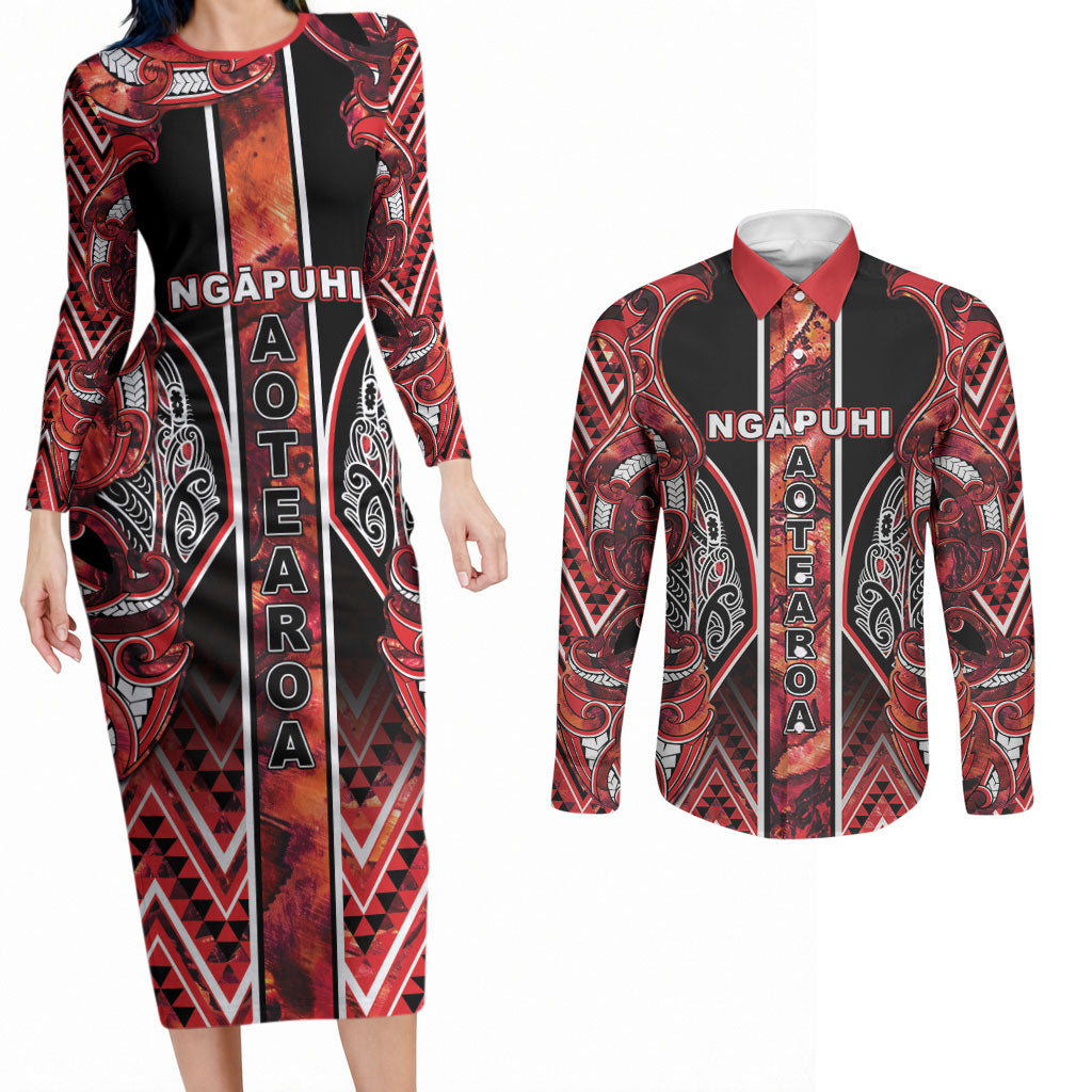 Aotearoa Ngapuhi Couples Matching Long Sleeve Bodycon Dress and Long Sleeve Button Shirt Maori Red Tribal Paua Shell Pattern