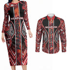 Aotearoa Ngapuhi Couples Matching Long Sleeve Bodycon Dress and Long Sleeve Button Shirt Maori Red Tribal Paua Shell Pattern