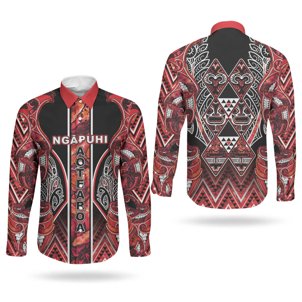 Aotearoa Ngapuhi Couples Matching Long Sleeve Bodycon Dress and Long Sleeve Button Shirt Maori Red Tribal Paua Shell Pattern