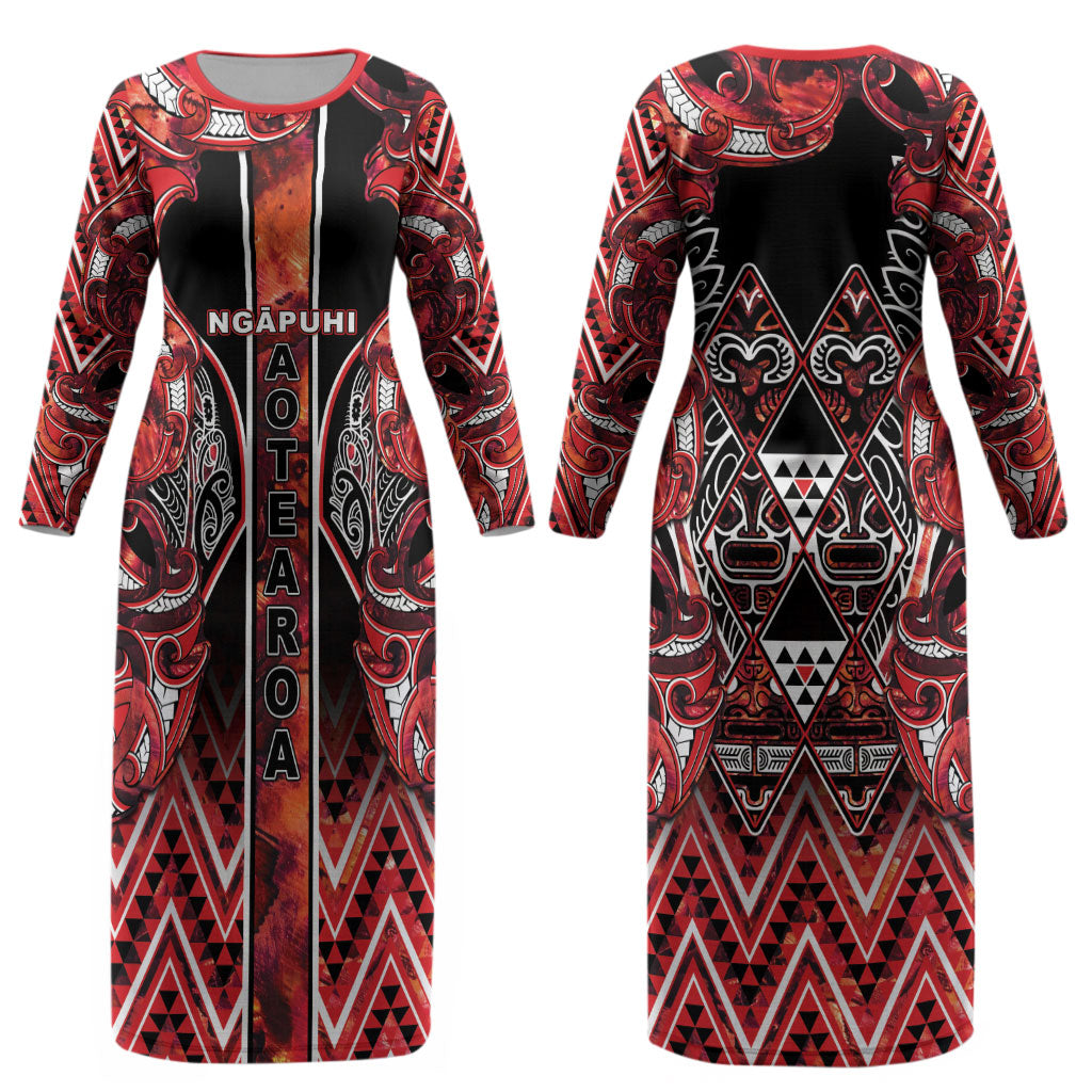 Aotearoa Ngapuhi Couples Matching Long Sleeve Bodycon Dress and Long Sleeve Button Shirt Maori Red Tribal Paua Shell Pattern