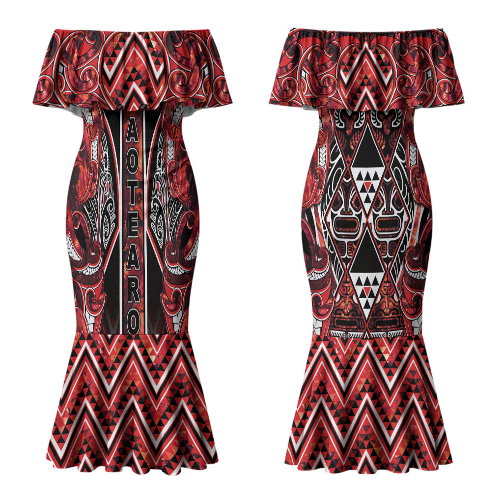 Aotearoa Ngapuhi Couples Matching Mermaid Dress and Hawaiian Shirt Maori Red Tribal Paua Shell Pattern