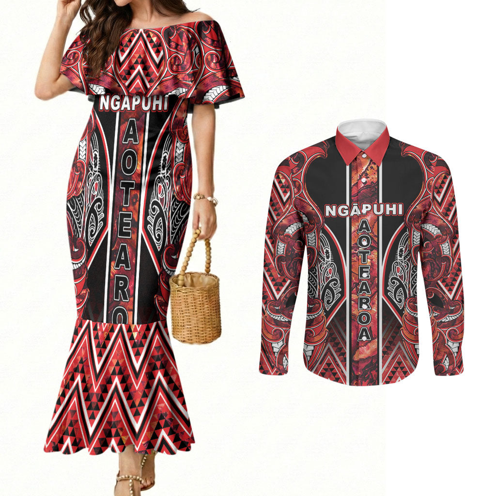 Aotearoa Ngapuhi Couples Matching Mermaid Dress and Long Sleeve Button Shirt Maori Red Tribal Paua Shell Pattern