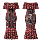 Aotearoa Ngapuhi Couples Matching Mermaid Dress and Long Sleeve Button Shirt Maori Red Tribal Paua Shell Pattern