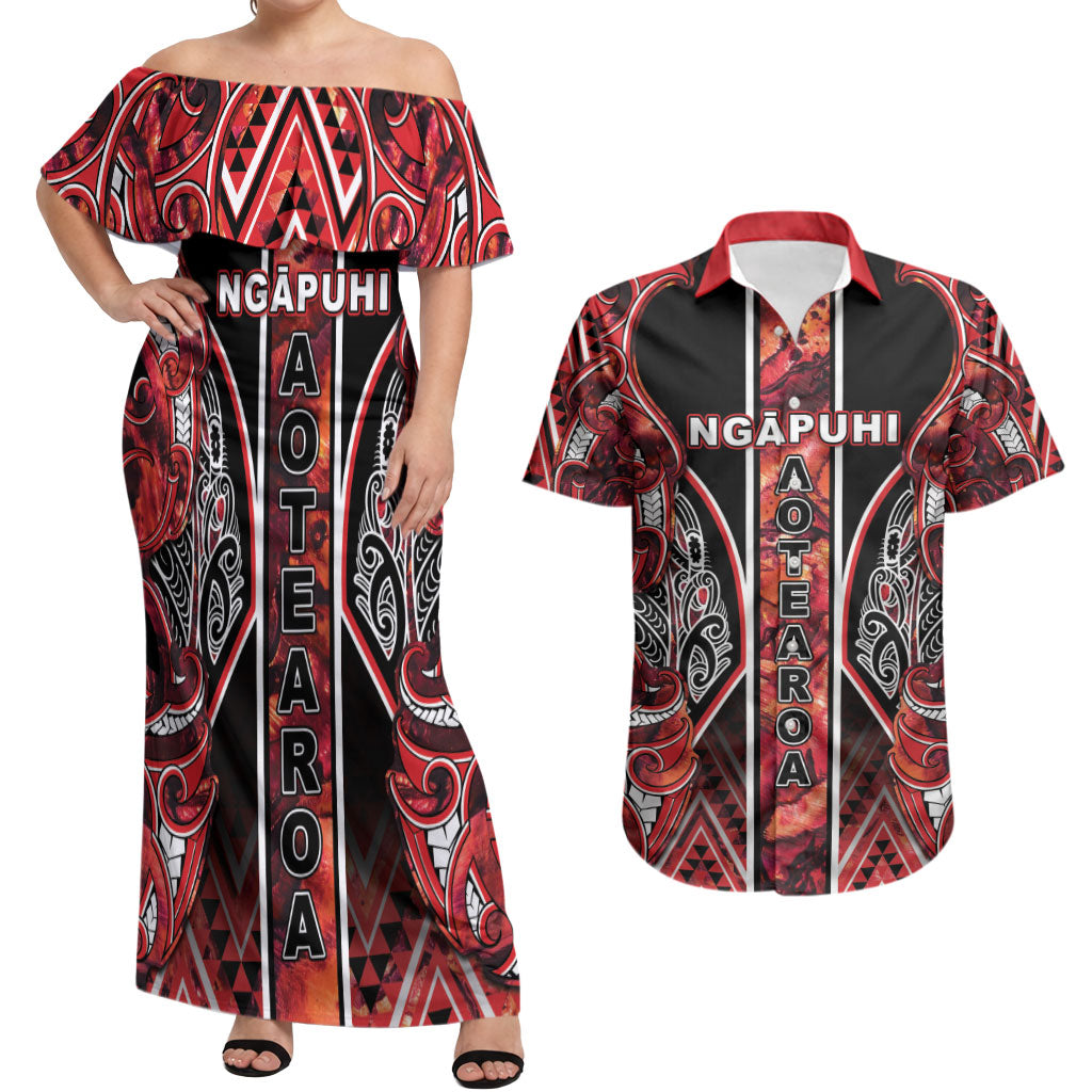 Aotearoa Ngapuhi Couples Matching Off Shoulder Maxi Dress and Hawaiian Shirt Maori Red Tribal Paua Shell Pattern