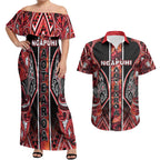 Aotearoa Ngapuhi Couples Matching Off Shoulder Maxi Dress and Hawaiian Shirt Maori Red Tribal Paua Shell Pattern