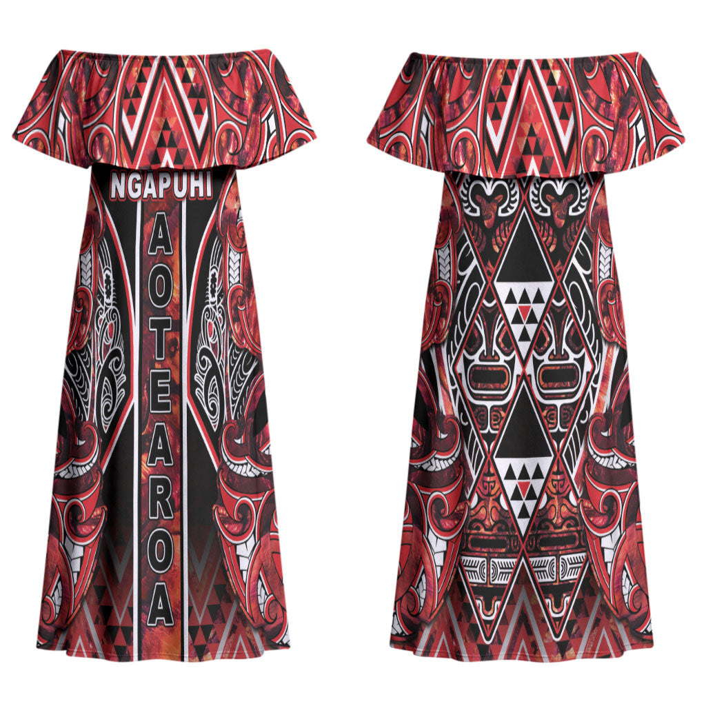 Aotearoa Ngapuhi Couples Matching Off Shoulder Maxi Dress and Hawaiian Shirt Maori Red Tribal Paua Shell Pattern