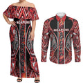 Aotearoa Ngapuhi Couples Matching Off Shoulder Maxi Dress and Long Sleeve Button Shirt Maori Red Tribal Paua Shell Pattern
