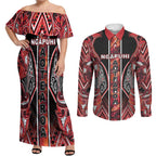 Aotearoa Ngapuhi Couples Matching Off Shoulder Maxi Dress and Long Sleeve Button Shirt Maori Red Tribal Paua Shell Pattern