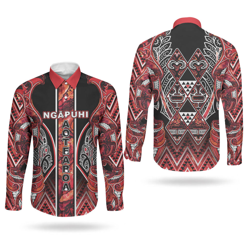 Aotearoa Ngapuhi Couples Matching Off Shoulder Maxi Dress and Long Sleeve Button Shirt Maori Red Tribal Paua Shell Pattern