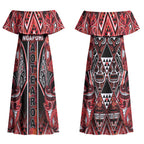 Aotearoa Ngapuhi Couples Matching Off Shoulder Maxi Dress and Long Sleeve Button Shirt Maori Red Tribal Paua Shell Pattern