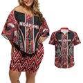 Aotearoa Ngapuhi Couples Matching Off Shoulder Short Dress and Hawaiian Shirt Maori Red Tribal Paua Shell Pattern