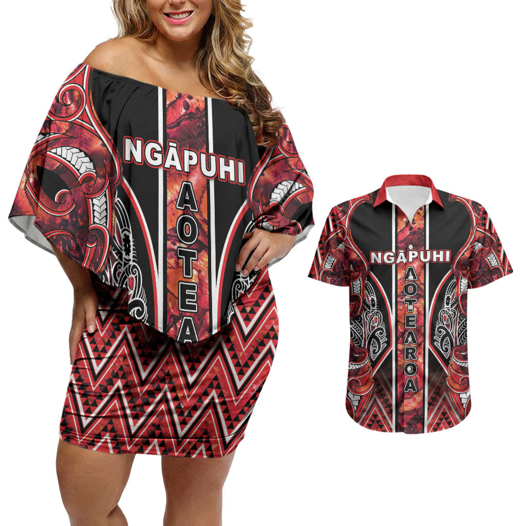 Aotearoa Ngapuhi Couples Matching Off Shoulder Short Dress and Hawaiian Shirt Maori Red Tribal Paua Shell Pattern