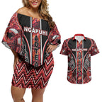 Aotearoa Ngapuhi Couples Matching Off Shoulder Short Dress and Hawaiian Shirt Maori Red Tribal Paua Shell Pattern