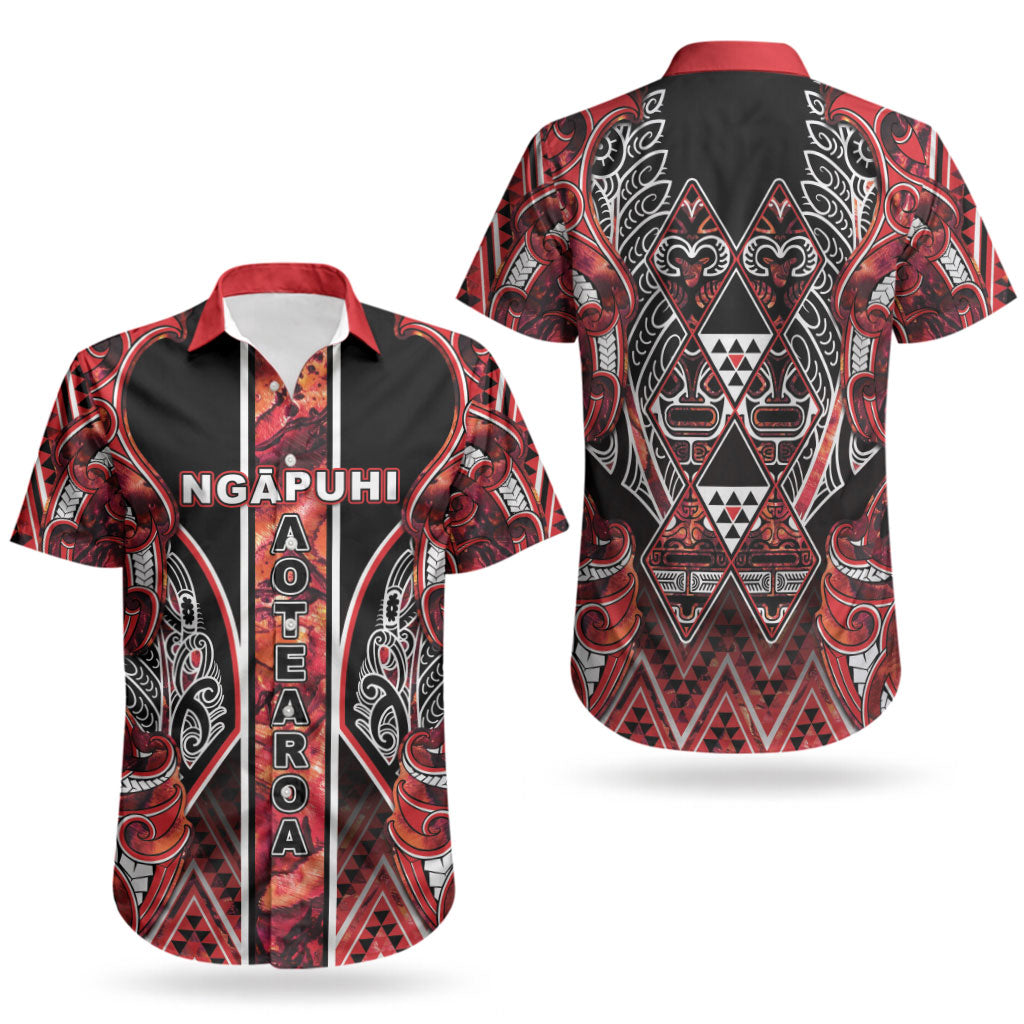 Aotearoa Ngapuhi Couples Matching Off Shoulder Short Dress and Hawaiian Shirt Maori Red Tribal Paua Shell Pattern