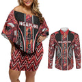 Aotearoa Ngapuhi Couples Matching Off Shoulder Short Dress and Long Sleeve Button Shirt Maori Red Tribal Paua Shell Pattern