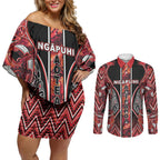 Aotearoa Ngapuhi Couples Matching Off Shoulder Short Dress and Long Sleeve Button Shirt Maori Red Tribal Paua Shell Pattern