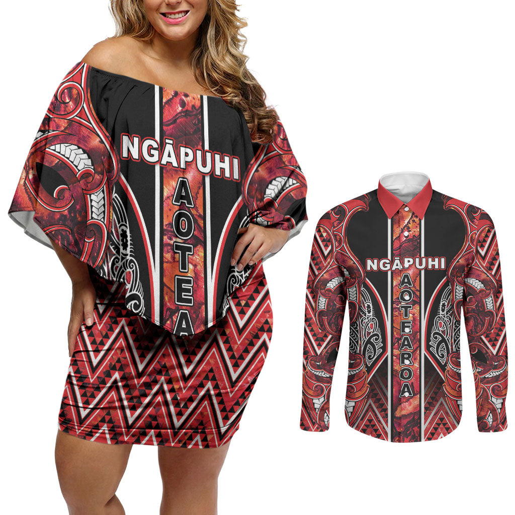 Aotearoa Ngapuhi Couples Matching Off Shoulder Short Dress and Long Sleeve Button Shirt Maori Red Tribal Paua Shell Pattern