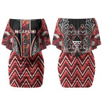 Aotearoa Ngapuhi Couples Matching Off Shoulder Short Dress and Long Sleeve Button Shirt Maori Red Tribal Paua Shell Pattern