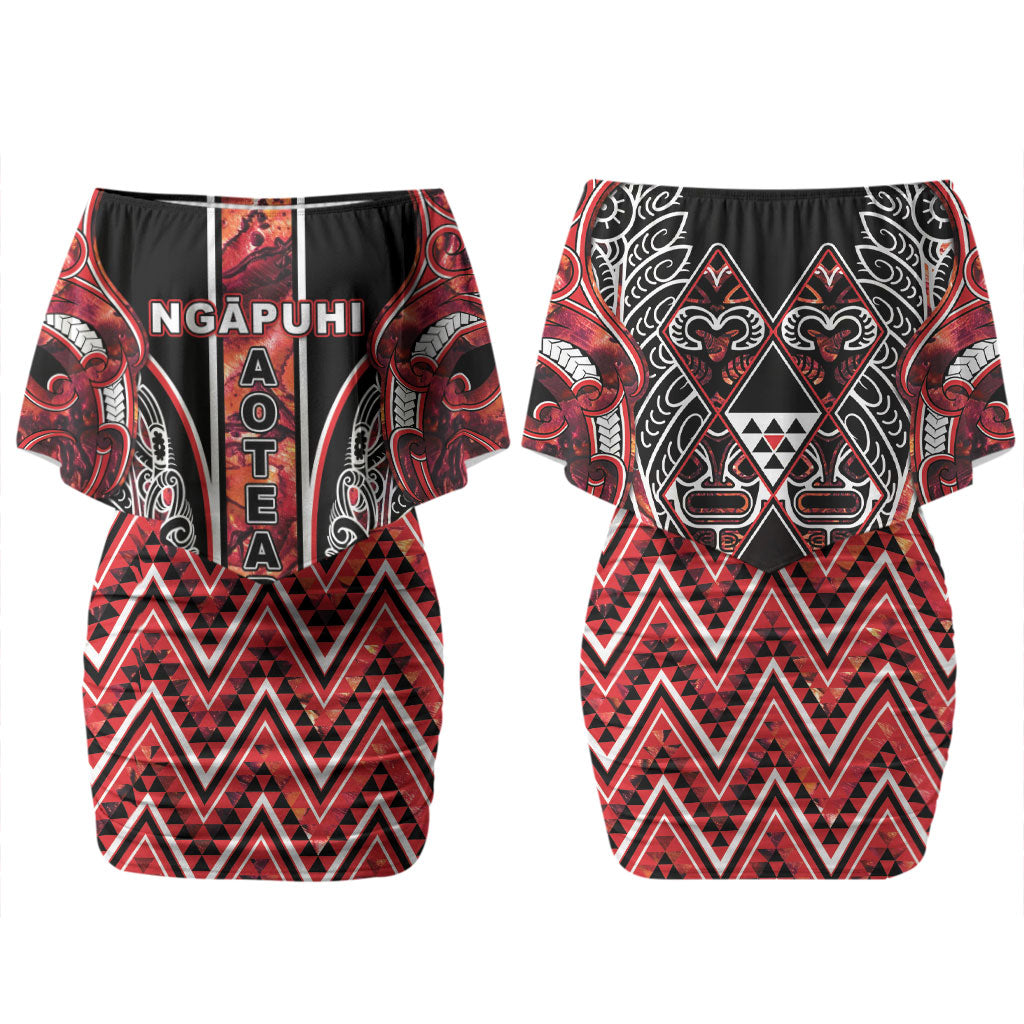 Aotearoa Ngapuhi Couples Matching Off Shoulder Short Dress and Long Sleeve Button Shirt Maori Red Tribal Paua Shell Pattern