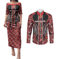 Aotearoa Ngapuhi Couples Matching Puletasi and Long Sleeve Button Shirt Maori Red Tribal Paua Shell Pattern
