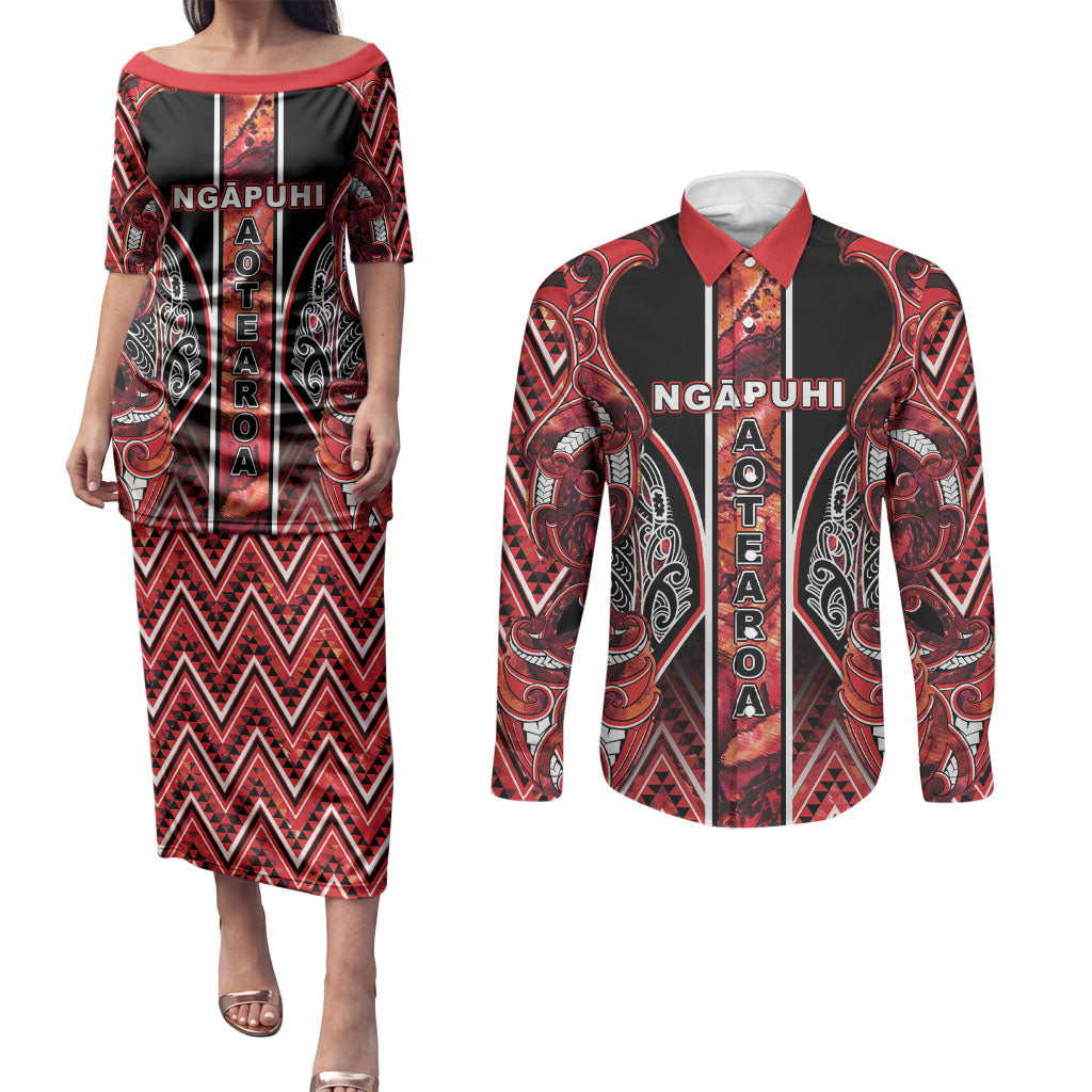 Aotearoa Ngapuhi Couples Matching Puletasi and Long Sleeve Button Shirt Maori Red Tribal Paua Shell Pattern