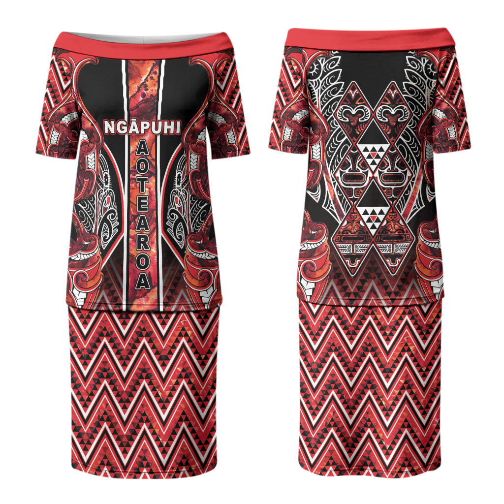 Aotearoa Ngapuhi Couples Matching Puletasi and Long Sleeve Button Shirt Maori Red Tribal Paua Shell Pattern