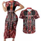 Aotearoa Ngapuhi Couples Matching Short Sleeve Bodycon Dress and Hawaiian Shirt Maori Red Tribal Paua Shell Pattern